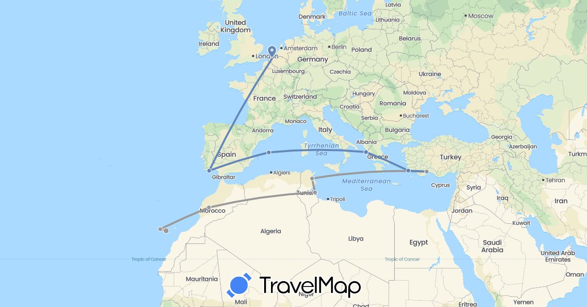 TravelMap itinerary: plane, cycling in Belgium, Spain, Greece, Morocco, Portugal, Tunisia, Turkey (Africa, Asia, Europe)